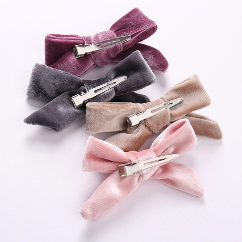 Handmade Velvet Bow Hair Clips For Kids Girls Solid Color Flocked Fabric Hairpins Metal Alligator Clip Hair Accessories