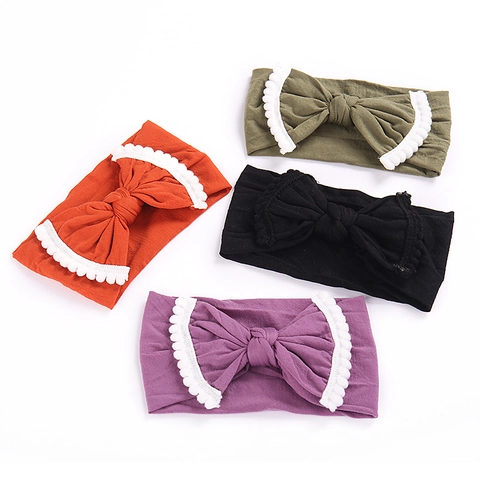 Diadema de Nailon para Bebé Niña Suave Elástica con Lazo y Borde de Encaje de Pompones Accesorios para el Cabello para Recién Nacidos