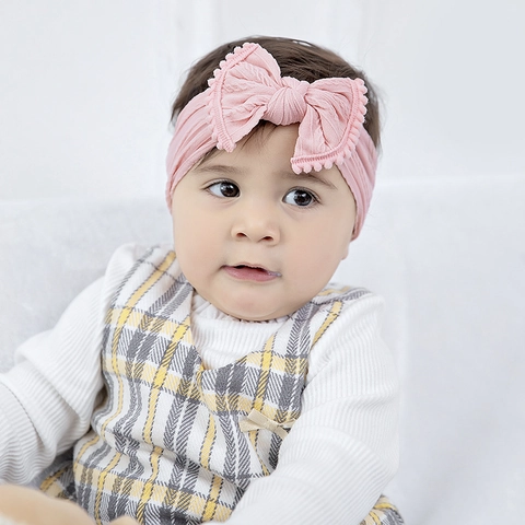 Fascia per Capelli con Fiocco per Neonati in Maglia Morbida con Bordo a Pompon Fascia Elastica in Nylon per Accessori per Capelli Bambina