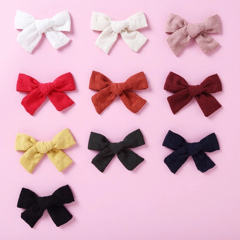 Handmade Girls Hair Clips Cotton Waffle Texture Plaid Bow Barrettes Sweet Hair Accessories For Toddlers Kids Daily Use