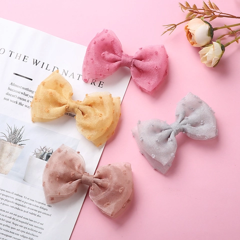 Sweet Mesh Bowknot Hair Clip With Flocked Polka Dots Double Layer Mesh Bow Alligator Clip For Girls Kids Hair Accessories