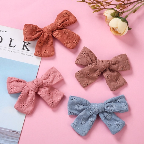 Fermaglio per Capelli a Fiocco in Cotone Ricamato in Pizzo per Bambini Ragazze Stile Pastorale Ricamato Traforato Floreale Accessori per Capelli