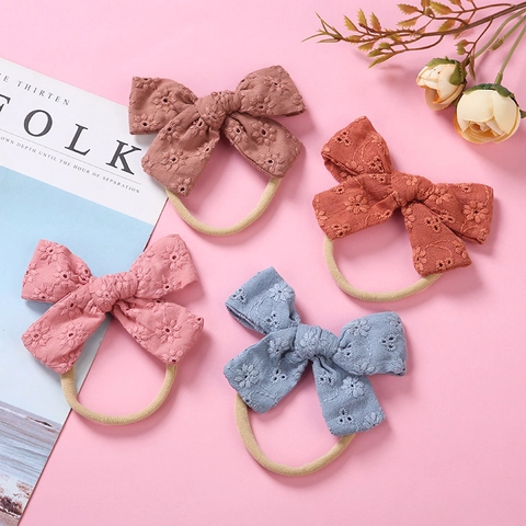 Infant Baby Soft Cotton Embroidered Hollow Bow Hair Band Elastic Nylon Headband Floral Embroidery Lace Headwear For Toddler Kids