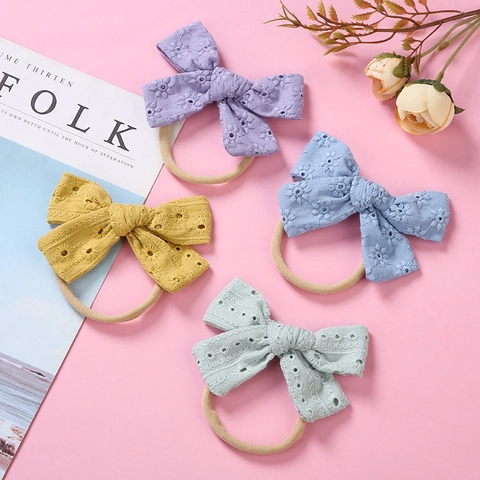 Infant Baby Soft Cotton Embroidered Hollow Bow Hair Band Elastic Nylon Headband Floral Embroidery Lace Headwear For Toddler Kids