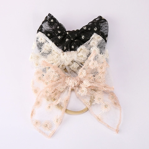 Bandeau Bébé Nœud en Dentelle Nylon Doux Broderie Fleur de Marguerite Bandeau Cheveux pour Nourrissons Filles Accessoires Cheveux