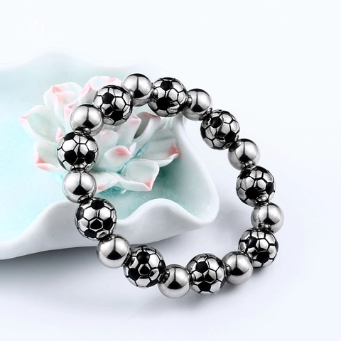 Bracelet de Perles de Football en Acier Inoxydable pour Hommes Punk Sportif Motif Ballon de Foot Bijoux