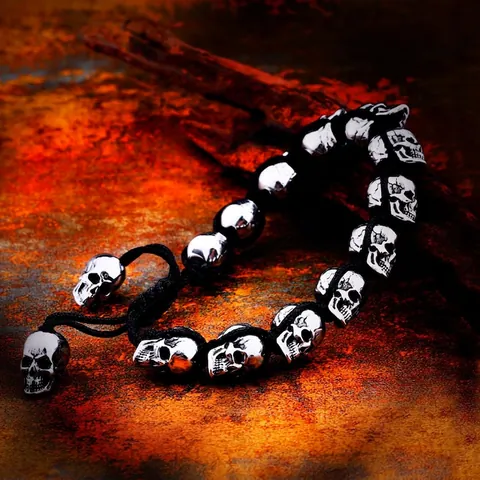 Bracciale Teschio Punk Retrò per Uomo in Acciaio Inossidabile con Perline Regolabile Gioielli Gothic Biker Catena a Mano in Corda Intrecciata Vintage
