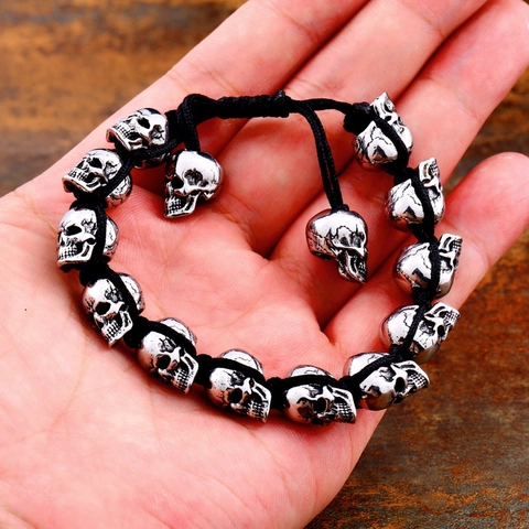 Bracciale Teschio Punk Retrò per Uomo in Acciaio Inossidabile con Perline Regolabile Gioielli Gothic Biker Catena a Mano in Corda Intrecciata Vintage
