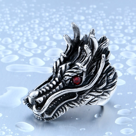 Vintage Punk Men Dragon Head Ring Titanium Steel Retro Gothic Biker Jewelry Red Black Stone Eyes Animal Ring For Men