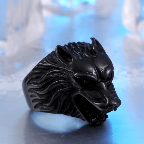 Vintage Punk Stainless Steel Wolf Head Ring For Men Gothic Animal Carving Biker Statement Ring Gold Black Silver Tone Jewelry