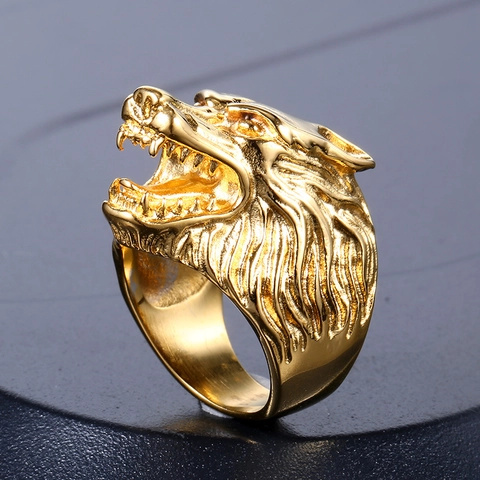 Vintage Punk Stainless Steel Wolf Head Ring For Men Gothic Animal Carving Biker Statement Ring Gold Black Silver Tone Jewelry