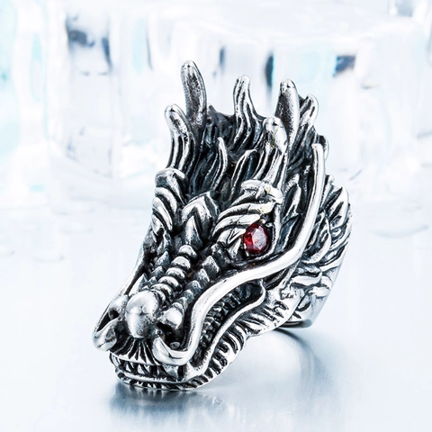 Vintage Punk Men Dragon Head Ring Titanium Steel Retro Gothic Biker Jewelry Red Black Stone Eyes Animal Ring For Men