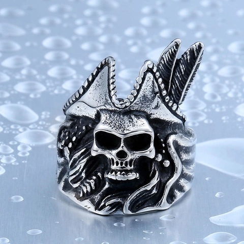 Vintage Stainless Steel Pirate Skull Ring For Men Gothic Punk Silver Tricorn Hat Skeleton Finger Ring Biker Jewelry Gift
