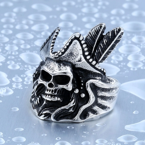 Vintage Stainless Steel Pirate Skull Ring For Men Gothic Punk Silver Tricorn Hat Skeleton Finger Ring Biker Jewelry Gift