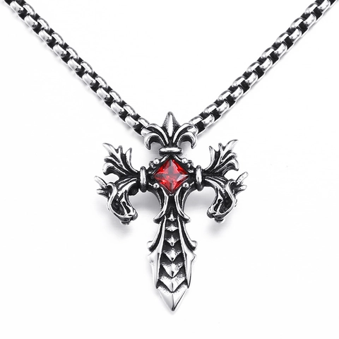 Herren Gotik Doppeldrache Kreuz Anhänger Nur Titanstahl Retro Punkrock Besetzt Rot Schwarz Strass Schmuck Geschenk