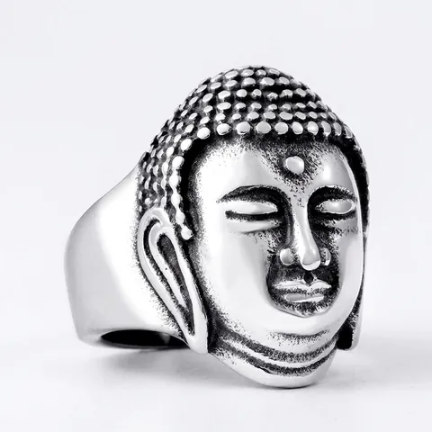 Anello con Testa di Buddha in Acciaio al Titanio Vintage per Uomo Anello a Fascia Intagliato con Ritratto di Sakyamuni