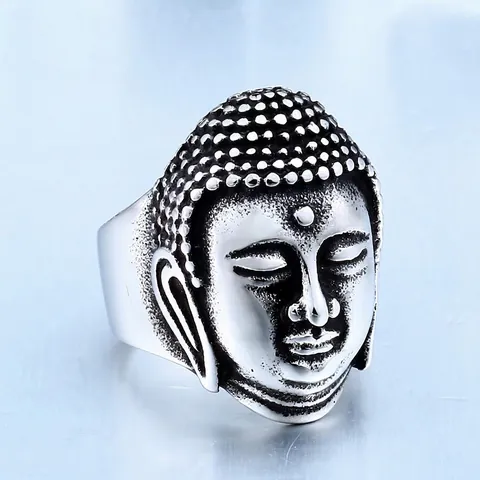 Anello con Testa di Buddha in Acciaio al Titanio Vintage per Uomo Anello a Fascia Intagliato con Ritratto di Sakyamuni