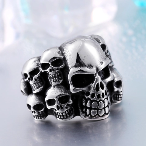 Anello da Uomo Vintage in Acciaio Inossidabile con Teschi Multipli Stile Gothic Punk Retro Biker Gioielli per Festa Rock