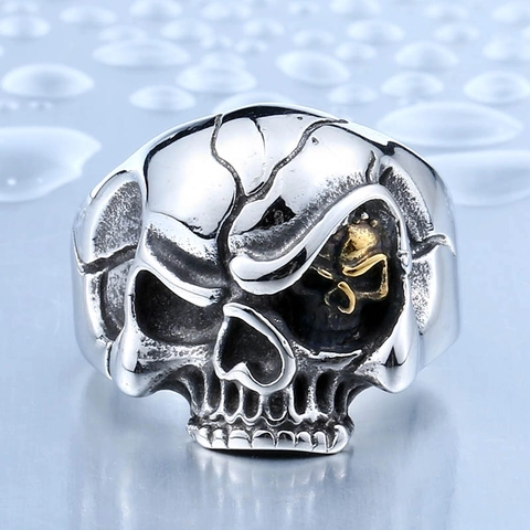 Vintage Edelstahl Skull Ring Punk Gothic Stil Für Herren Gold Silber Zweifarbig Reliefmuster Mode Schmuck Ring Halloween Geschenk