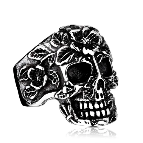 Vintage Titaniumstaal Schedel Ring Voor Heren Gotisch Punk Sugar Skull Roos Bloemen Gelakt Retro Distressed Ring Sieraden Cadeau