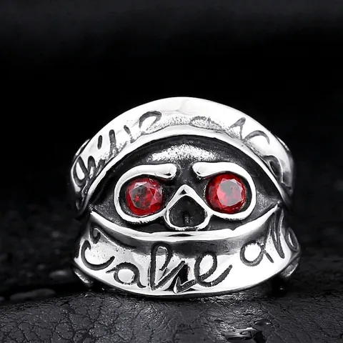 Anello Teschio Punk Gotico Retro per Uomo Anello in Acciaio Inossidabile Con Occhi in Zirconia Rossa Lettere Incise Gioielli Biker