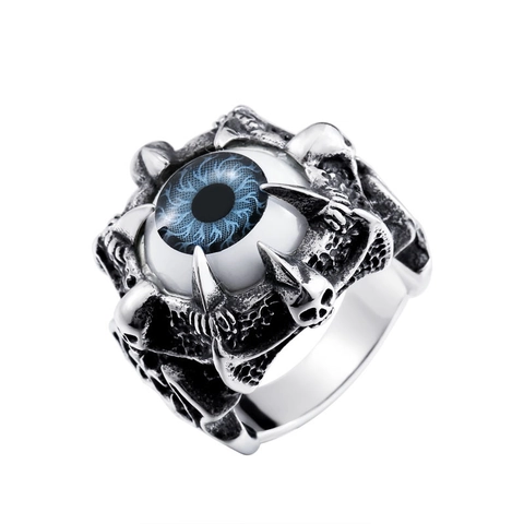 Gothic Punk Titanium Steel Evil Eye Skull Ring For Men Vintage Blue Eye Devil Claw Biker Band Ring Cool Jewelry Gift