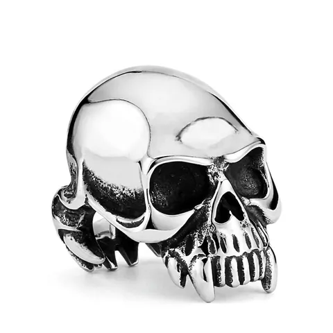 Vintage Punk Gothic Skull Ring With Sharp Teeth Stainless Steel Domineering Biker Ring For Men Fashion Jewelry