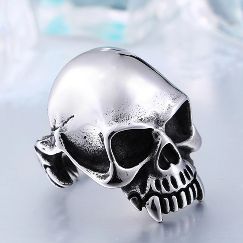 Vintage Punk Gothic Skull Ring With Sharp Teeth Stainless Steel Domineering Biker Ring For Men Fashion Jewelry