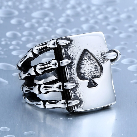 Vintage Gothic Edelstahl Skeletthand Pik Poker Ring Für Herren Retro Punk Biker Glücksspiel Fingerring Schmuck