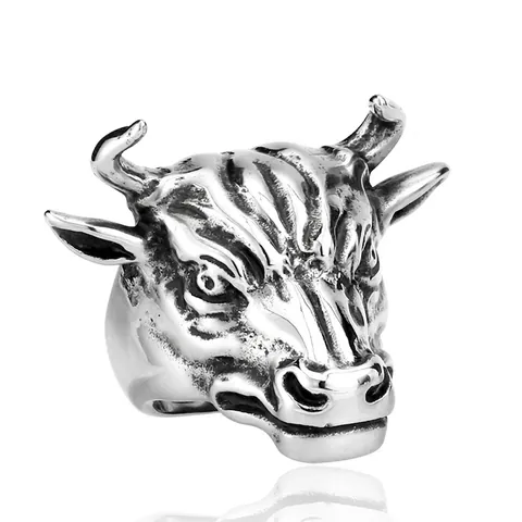 Vintage Edelstahl Stierkopf Ring Für Herren Punk Biker Tier Fingerring Gothic Oxidiert Silber Wall Street Stier Ring