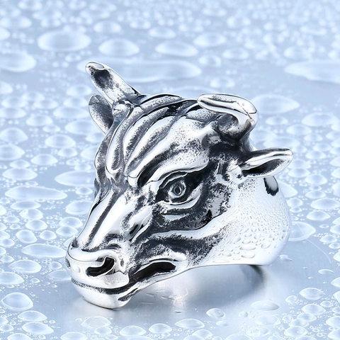 Vintage Edelstahl Stierkopf Ring Für Herren Punk Biker Tier Fingerring Gothic Oxidiert Silber Wall Street Stier Ring