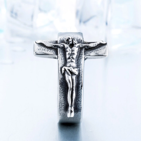Anillo de Crucifijo de Jesús de Acero Inoxidable Vintage para Hombre Religioso Oxidado Relieve Punk Biker Band Ring Joyería Cristiana