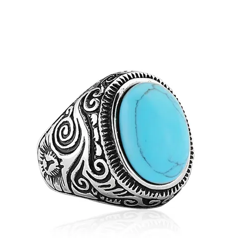 Vintage Stainless Steel Ring For Men With Large Oval Turquoise Black Agate Inlaid Engraved Tribal Band Fashion Jewelry