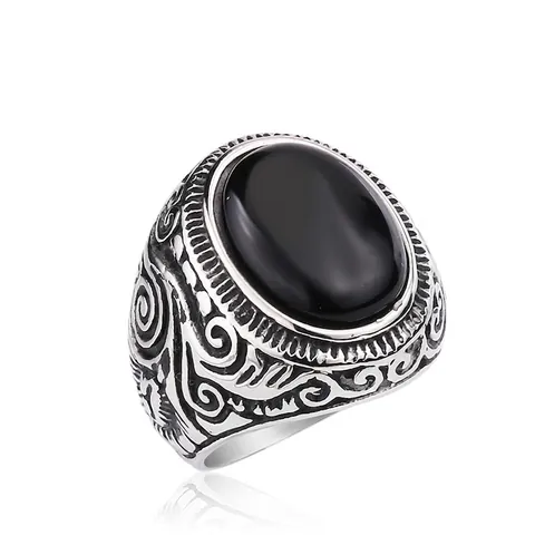Vintage Stainless Steel Ring For Men With Large Oval Turquoise Black Agate Inlaid Engraved Tribal Band Fashion Jewelry
