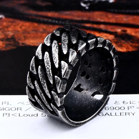 Bague Chaîne en Acier Inoxydable Vintage pour Hommes Punk Gothique Large Bande Bijoux Motard Argent Noir Fini Antique