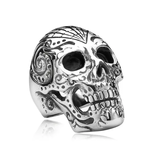 Retro Stainless Steel Skull Ring Men Punk Biker Gothic Ghost Head Finger Jewelry With Spider Web Scroll Pattern