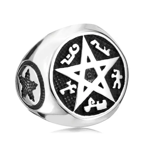 Anello Sigillo in Acciaio al Titanio Vintage Pentagramma Uomo Gotico Punk Stella Mistica Tetragrammaton Gioielli da Festa