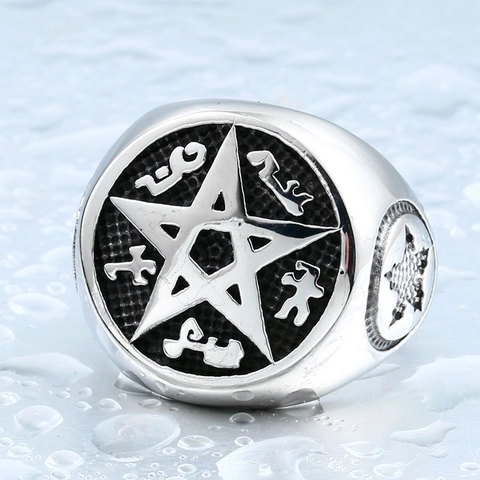 Anello Sigillo in Acciaio al Titanio Vintage Pentagramma Uomo Gotico Punk Stella Mistica Tetragrammaton Gioielli da Festa