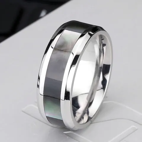 Anillo de Acero Inoxidable de Moda Con Incrustación de Madreperla Anillo de Banda Ancha Pulido para Hombre Mujer Joyería Casual