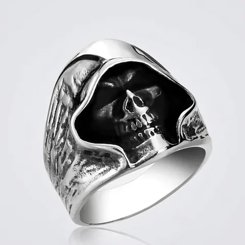 Vintage Stainless Steel Grim Reaper Skull Ring For Men Gothic Punk Comedy Tragedy Theater Mask Biker Fashion Jewelry Ring