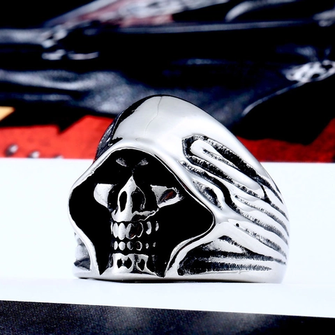 Vintage Stainless Steel Grim Reaper Skull Ring For Men Gothic Punk Comedy Tragedy Theater Mask Biker Fashion Jewelry Ring
