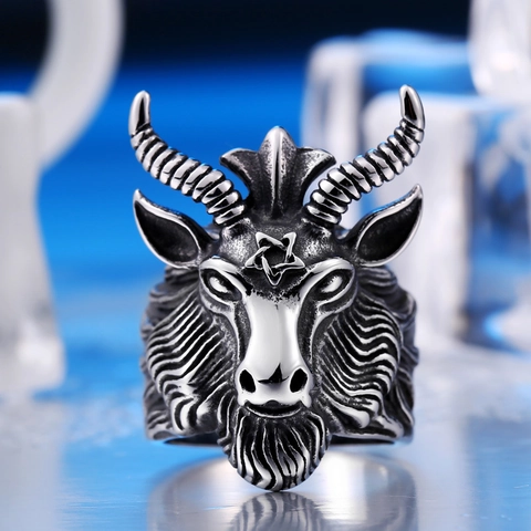 Retro Stainless Steel Men Ring Gothic Punk Goat Head Baphomet Pentagram Cool Fashion Ring For Men Accessory Jewelry