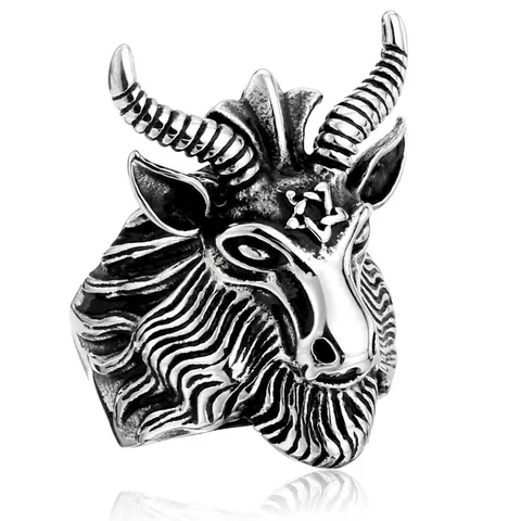 Retro Stainless Steel Men Ring Gothic Punk Goat Head Baphomet Pentagram Cool Fashion Ring For Men Accessory Jewelry