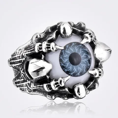 Gothic Edelstahl Ring Herren Totenkopf Kralle Böser Blick Vintage Punk Rock Biker Schmuck Retro Silber Blau Grau Augapfel Ring