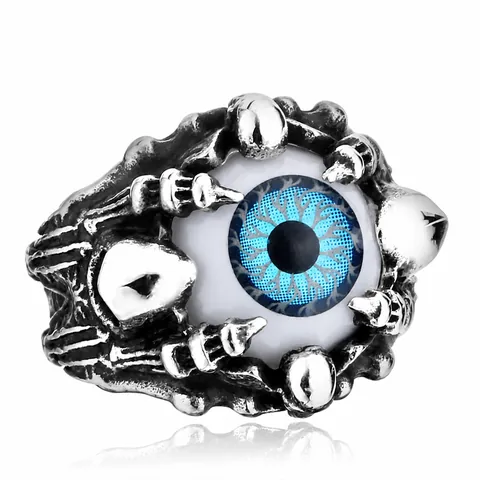 Anillo Gótico de Acero Inoxidable para Hombre Garra de Calavera Ojo Malvado Vintage Punk Rock Biker Joyería Retro Plata Azul