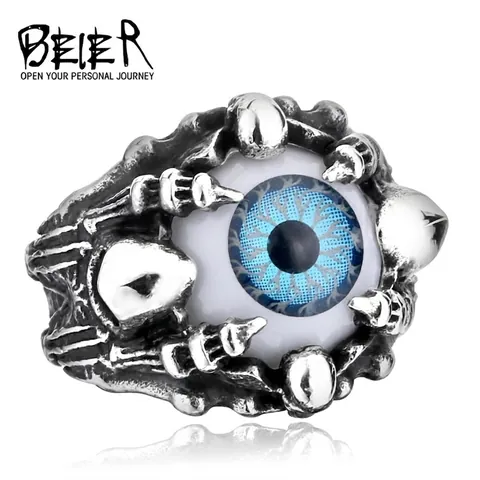 Gothic Edelstahl Ring Herren Totenkopf Kralle Böser Blick Vintage Punk Rock Biker Schmuck Retro Silber Blau Grau Augapfel Ring