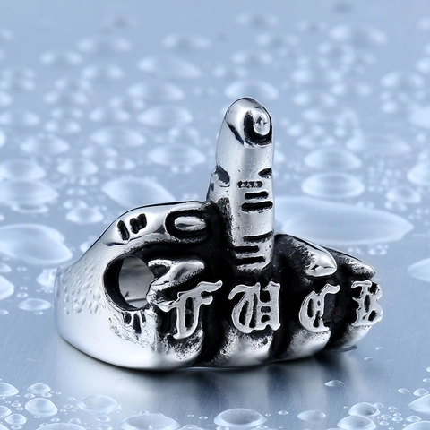 Vintage Stainless Steel Men's Punk Ring Middle Finger Gesture Gothic Rock Style Skeleton Hand Biker Finger Ring Jewelry