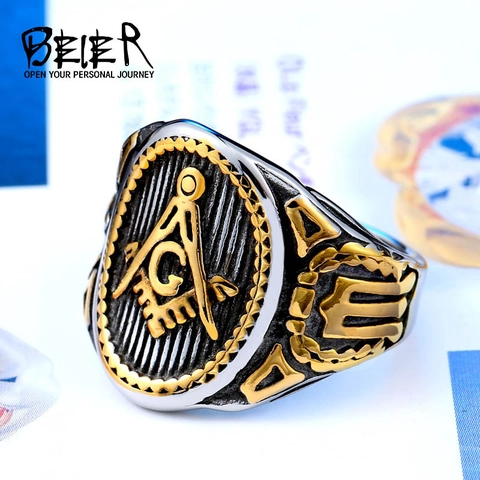 Vintage Stainless Steel Masonic Ring For Men Retro Freemasonry G Symbol Square Compass Two Tone Signet Band Ring Jewelry