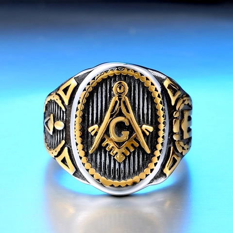 Vintage Stainless Steel Masonic Ring For Men Retro Freemasonry G Symbol Square Compass Two Tone Signet Band Ring Jewelry