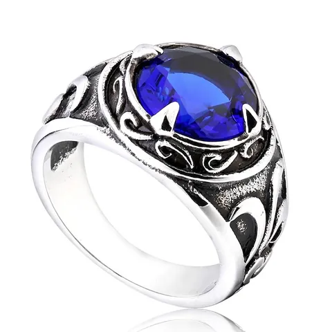 Vintage Stainless Steel Engraved Crown Ring For Men With Blue Red Black White Rhinestone Gothic Punk Jewelry Ring